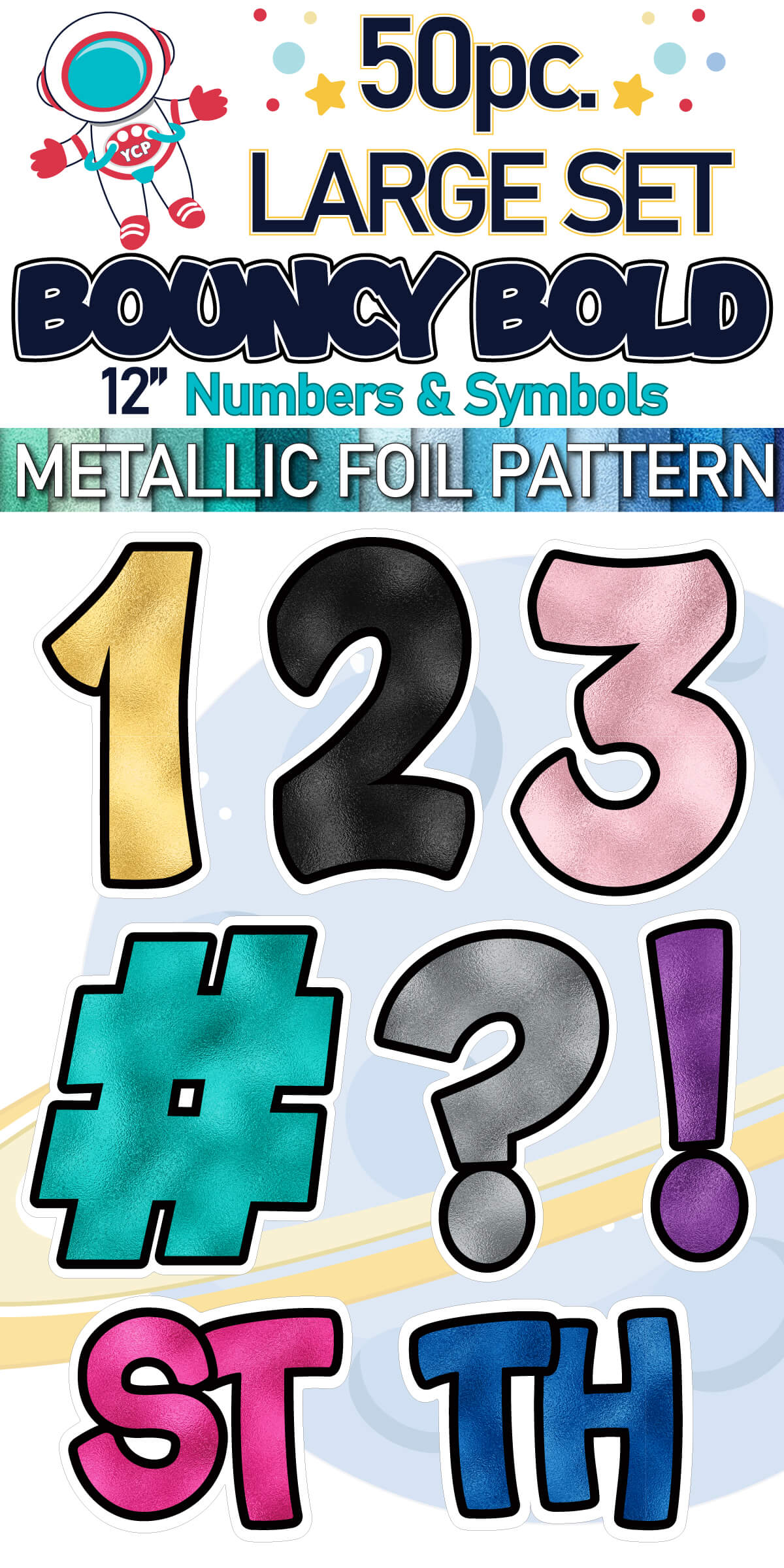 12" Bouncy Bold BB 50 pc. Numbers and Symbols Set in Metallic Foil Pattern