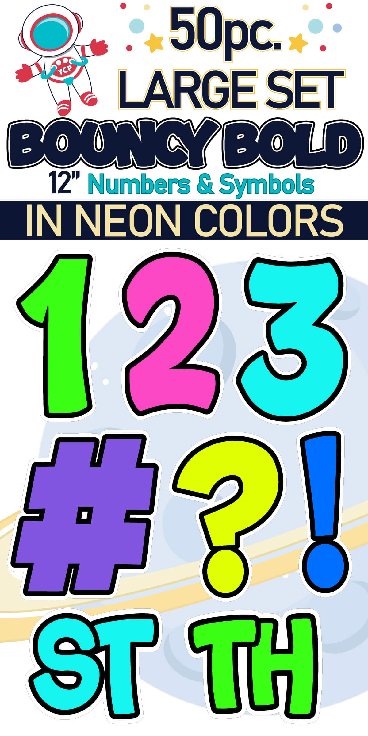 12" Bouncy Bold BB 50 pc. Numbers and Symbols Set in Neon Colors