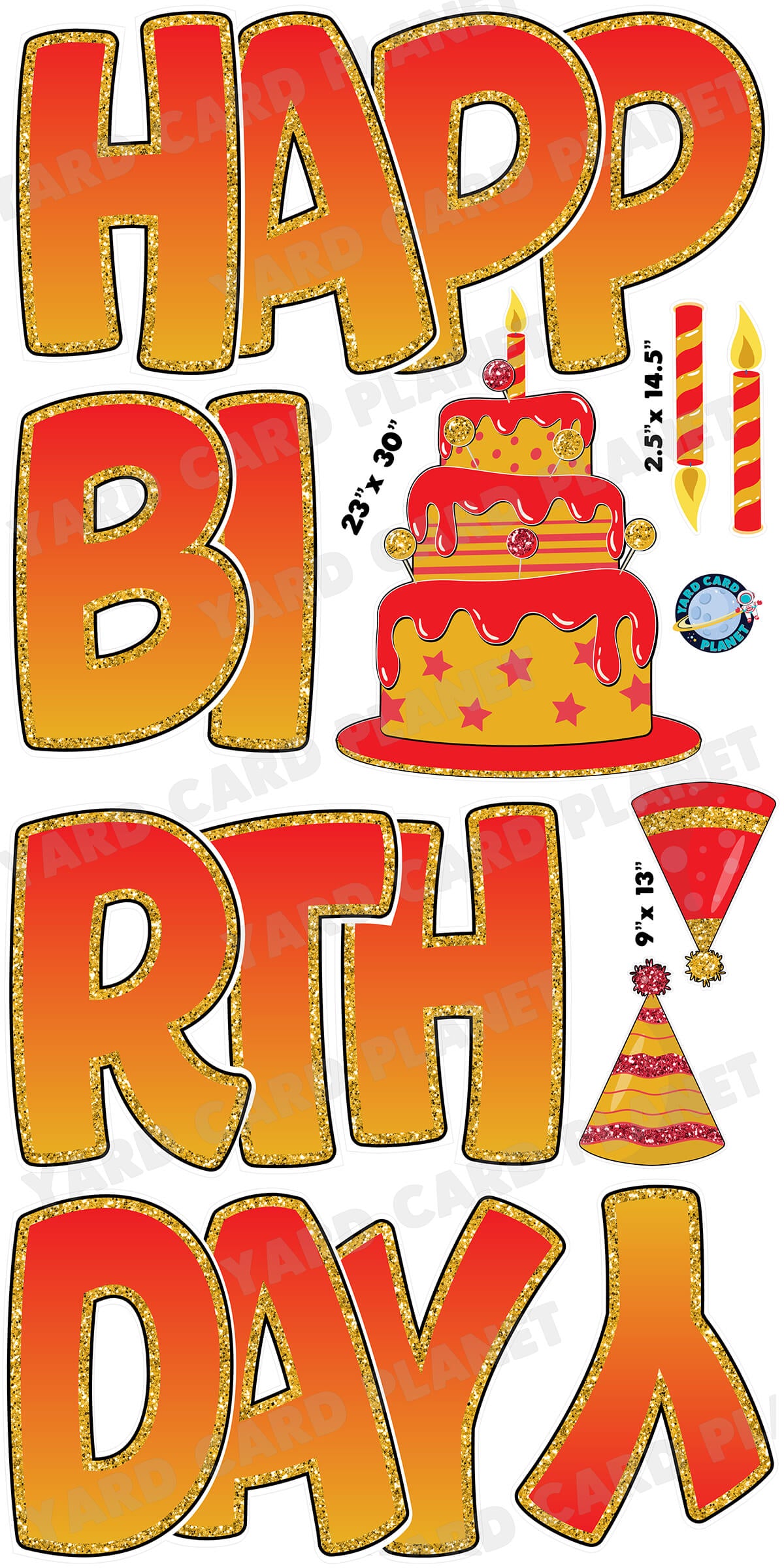 Large 23" Red and Gold Happy Birthday Yard Card EZ Quick Sets in Bouncy Bold Font and Birthday Flair