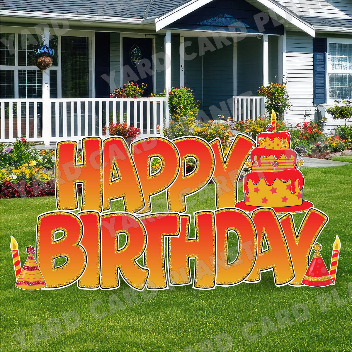 Large 23" Red and Gold Happy Birthday Yard Card EZ Quick Sets in Bouncy Bold Font and Birthday Flair