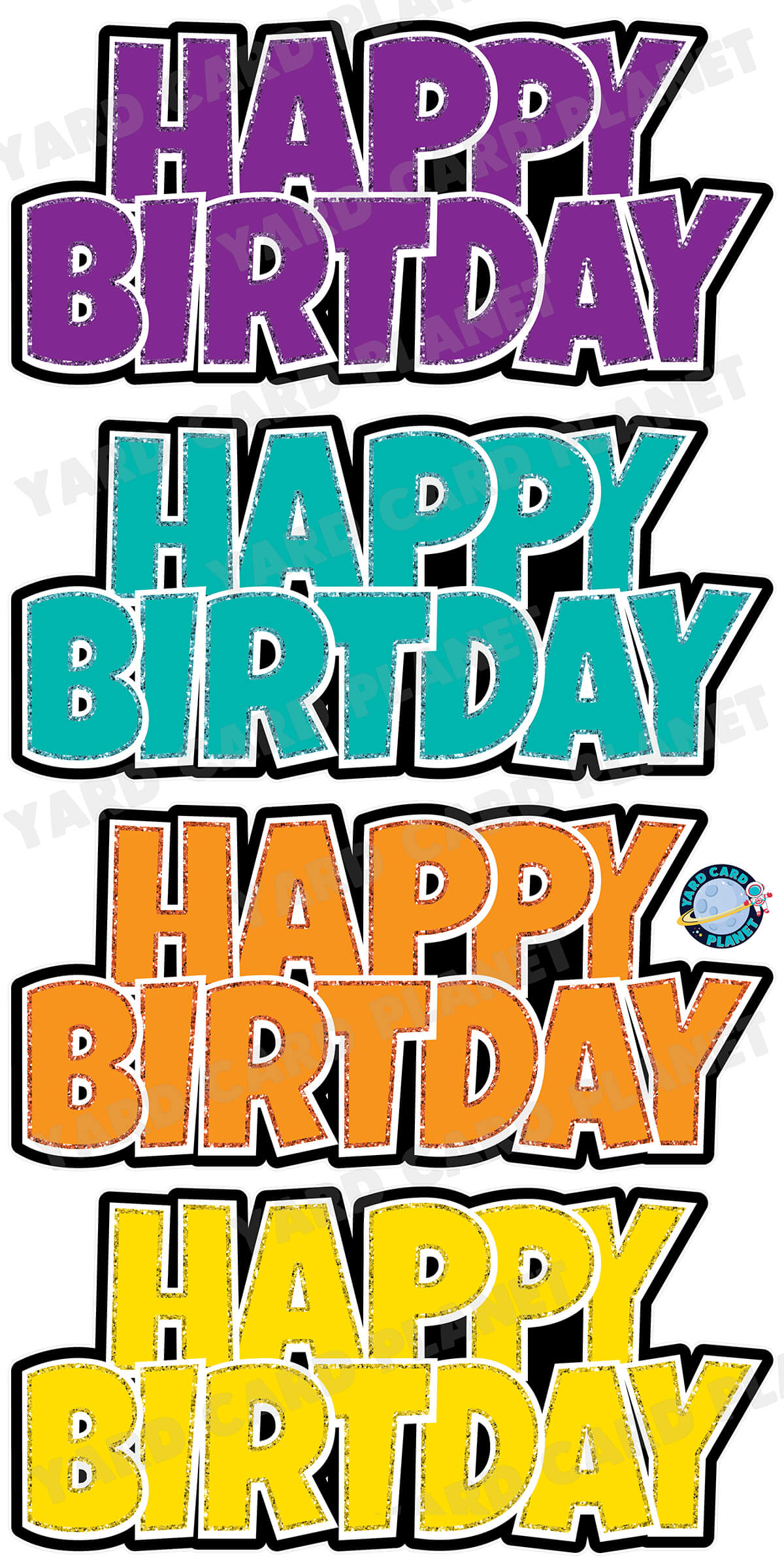 Happy Birthday Luckiest Guy EZ Quick Signs with Glitter Trim in Purple, Teal, Orange and Yellow Yard Card Set