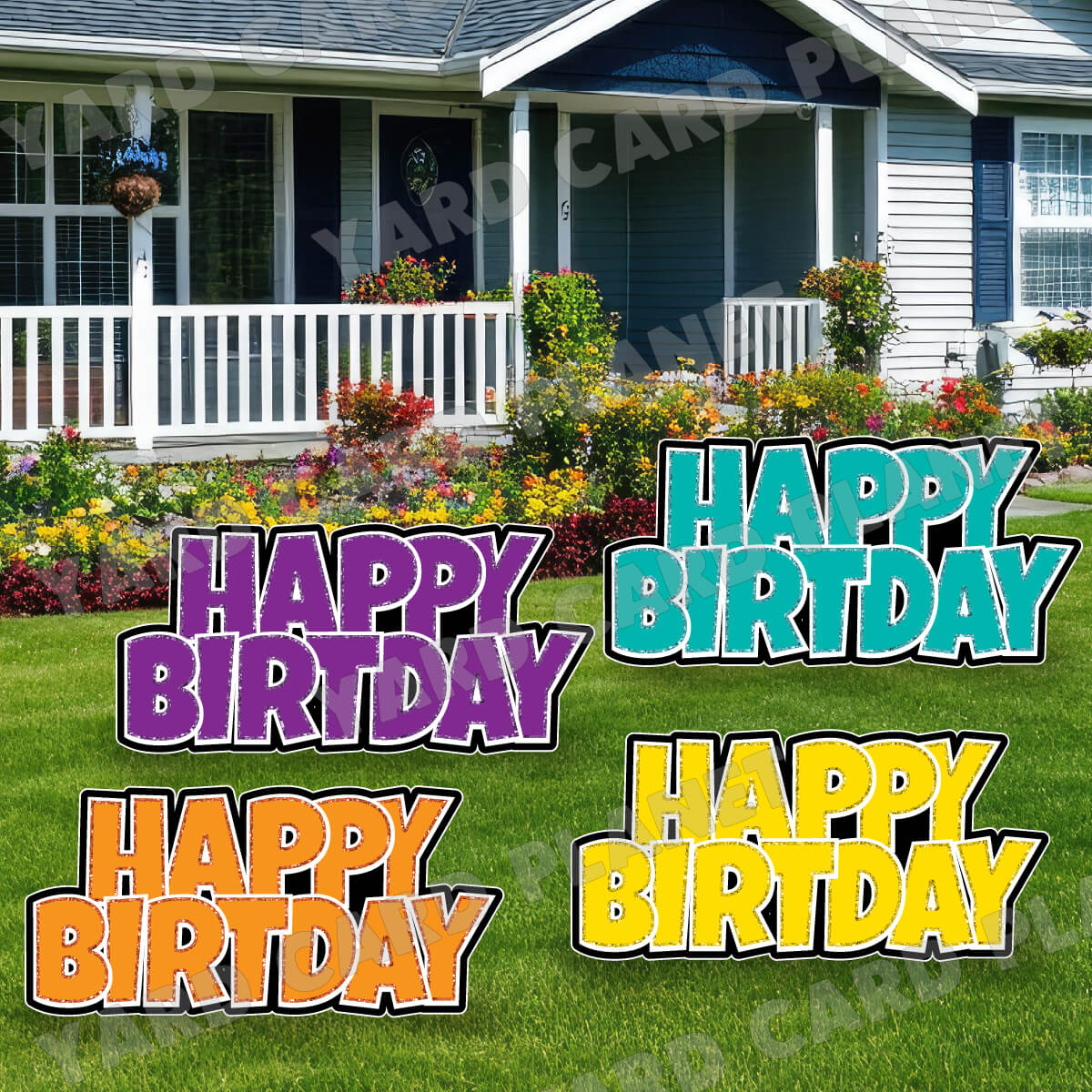Happy Birthday Luckiest Guy EZ Quick Signs with Glitter Trim in Purple, Teal, Orange and Yellow Yard Card Set