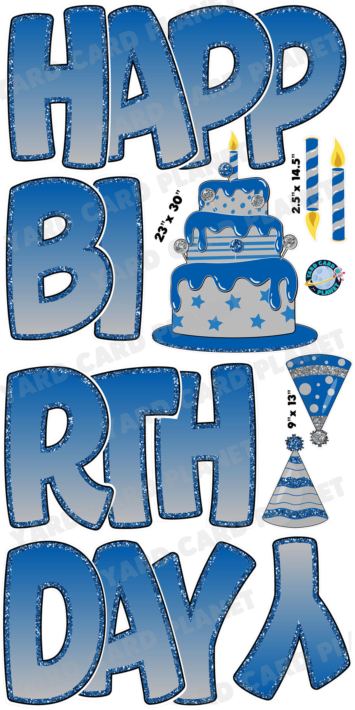 Large 23" Blue and Silver Happy Birthday Yard Card EZ Quick Sets in Bouncy Bold Font and Birthday Flair