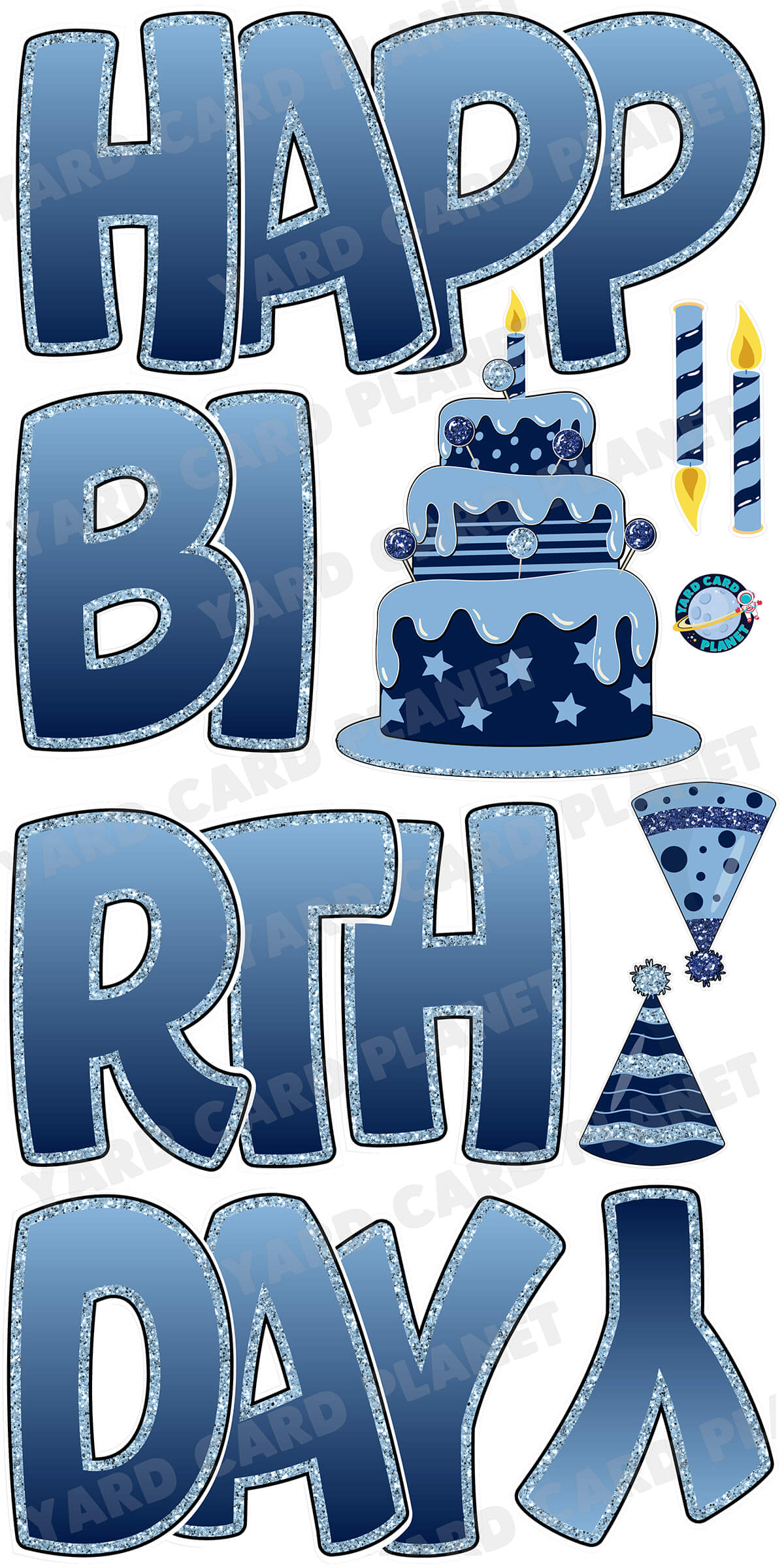 Large 23" Baby Blue and Navy Blue Happy Birthday Yard Card EZ Quick Sets in Bouncy Bold Font and Birthday Flair