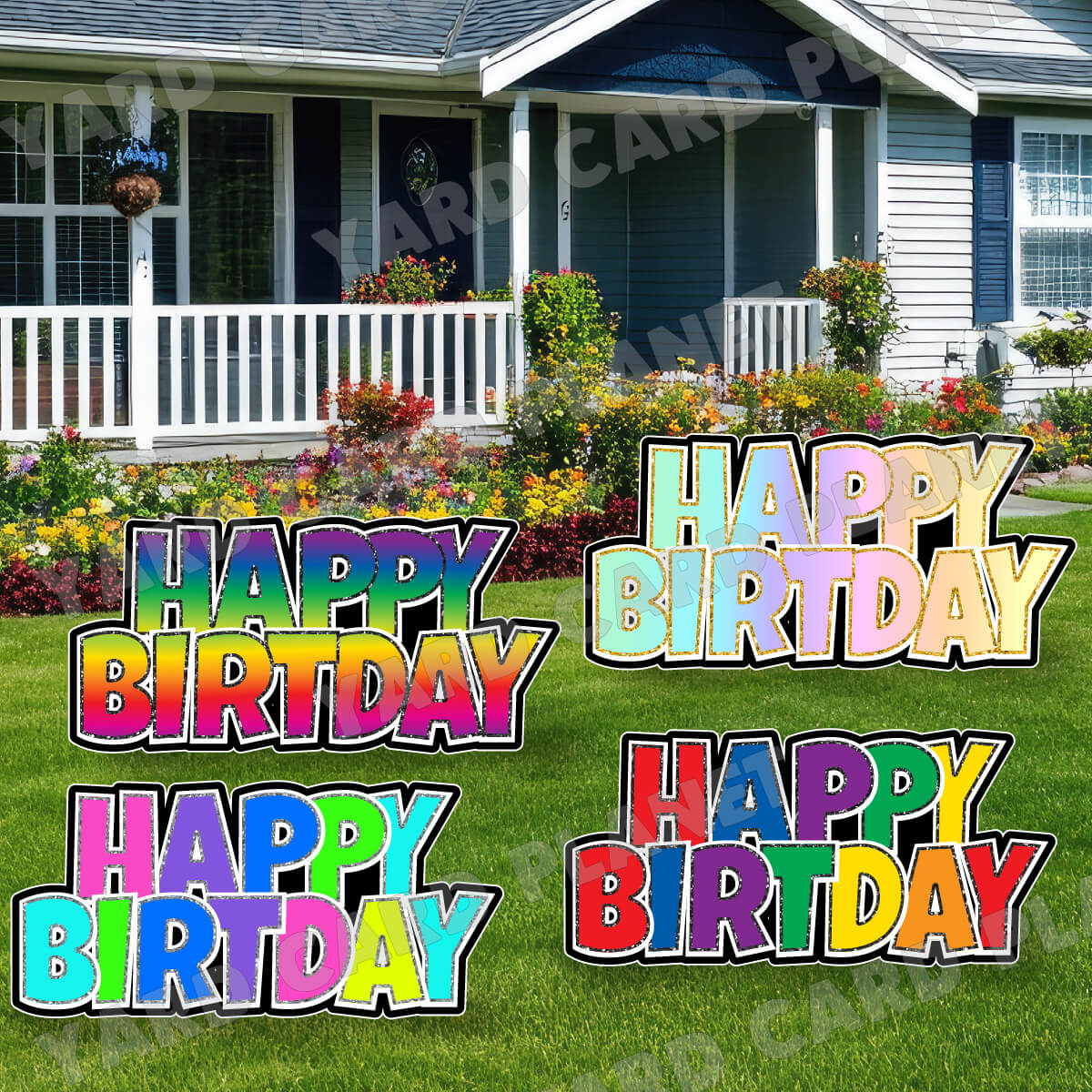 Happy Birthday Luckiest Guy EZ Quick Signs with Glitter Trim in Rainbow Patterns Yard Card Set