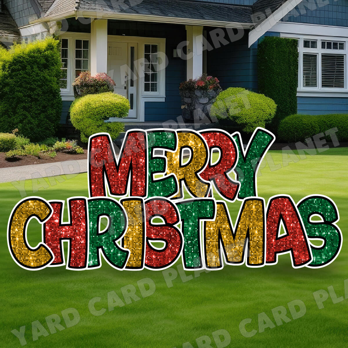 Red, Green and Gold Sequin Pattern Merry Christmas EZ Quick Yard Card Set