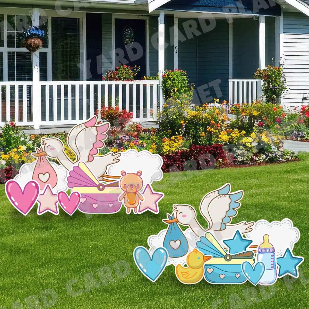 Sweet Stork Arrival Baby Boy and Baby Girl Yard Card Flair Set