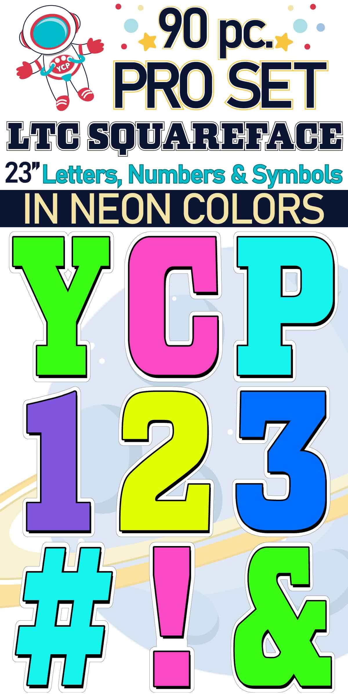 23" LTC Squareface 90 pc. Letters, Numbers and Symbols Pro Set in Neon Colors