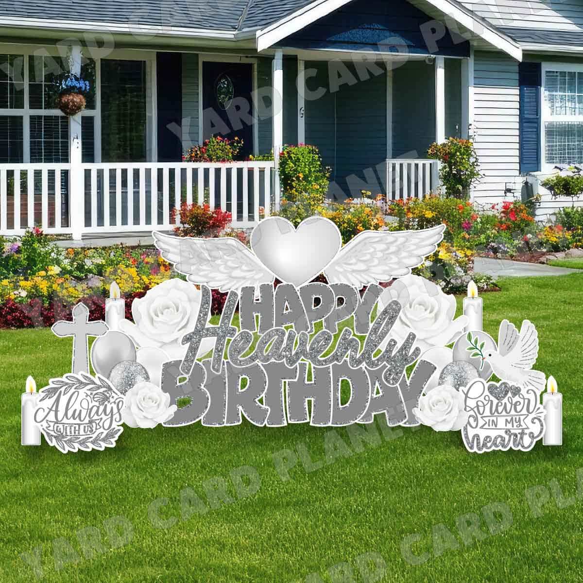 Silver Glitter Pattern Happy Heavenly Birthday EZ Quick Sign and Yard Card Flair Set