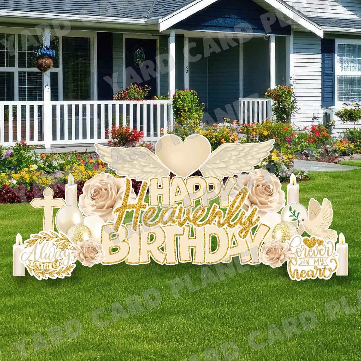 Gold Glitter Pattern Happy Heavenly Birthday EZ Quick Sign and Yard Card Flair Set
