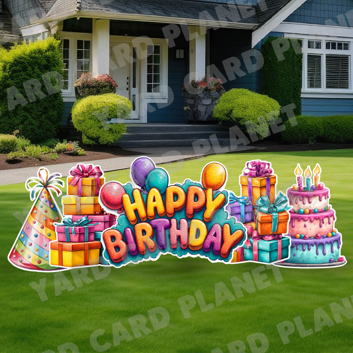Bright Watercolor Happy Birthday EZ Quick Sign and Yard Card Flair Set