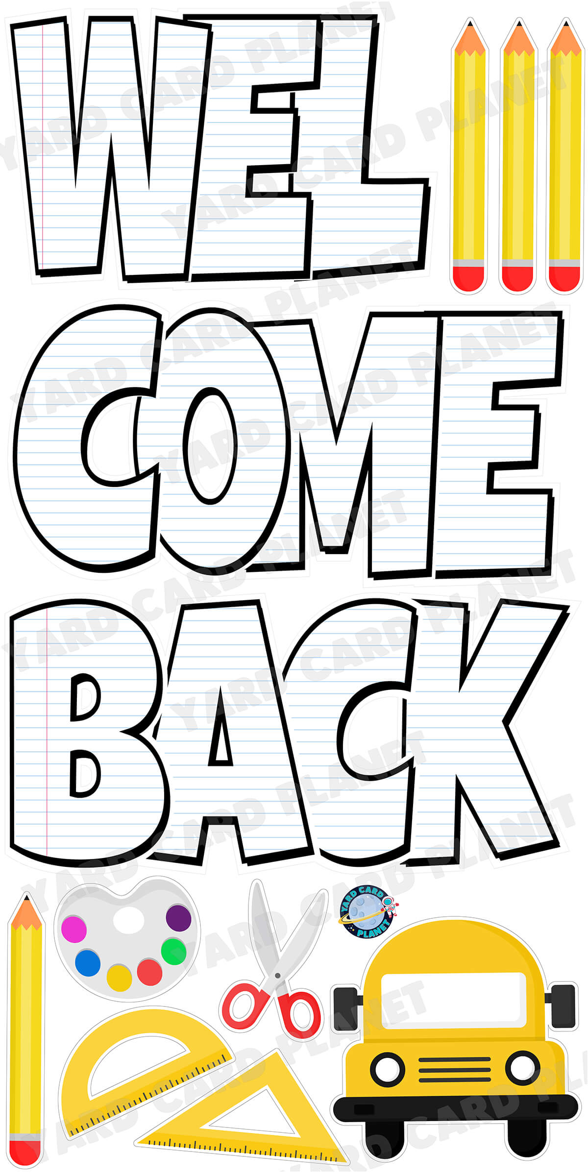 Large 23" Welcome Back School Notebook Paper Yard Card EZ Quick Set in Luckiest Guy Font with Matching Flair