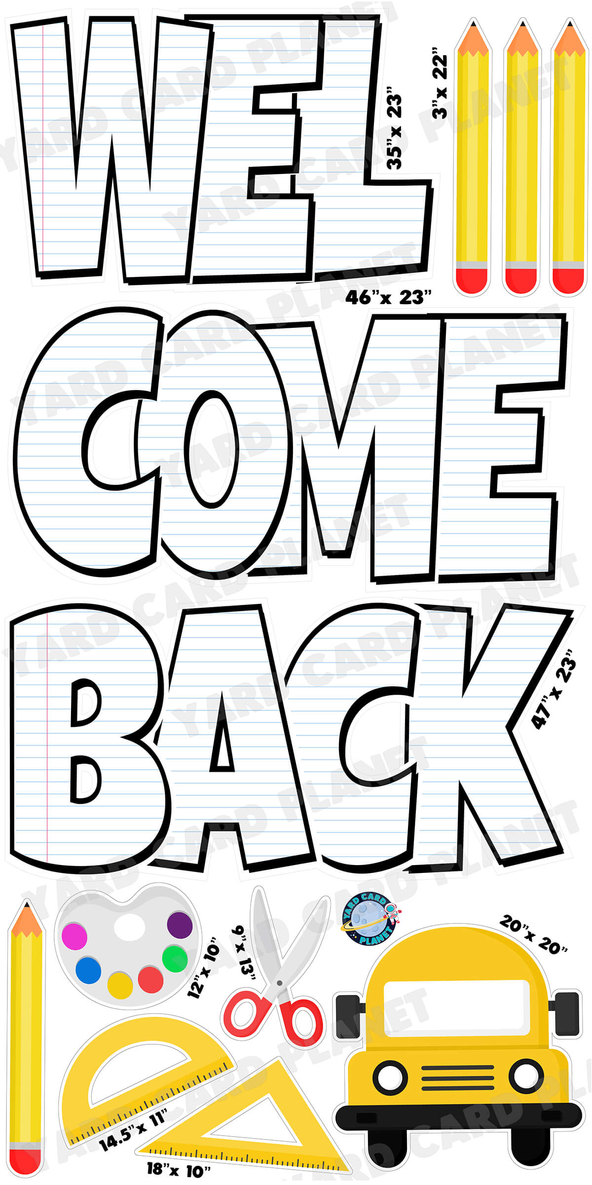 Large 23" Welcome Back School Notebook Paper Yard Card EZ Quick Set in Luckiest Guy Font with Matching Flair