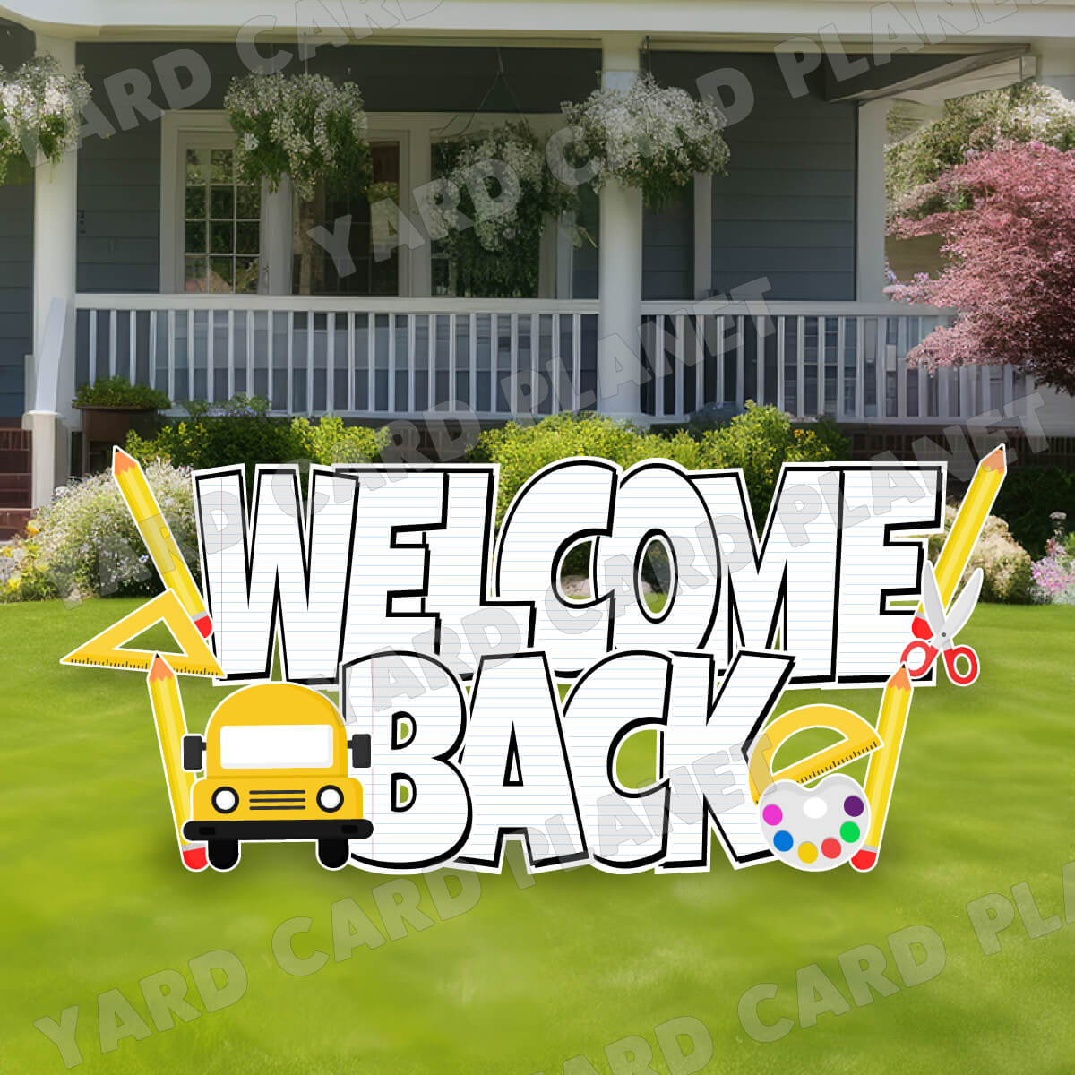 Large 23" Welcome Back School Notebook Paper Yard Card EZ Quick Set in Luckiest Guy Font with Matching Flair