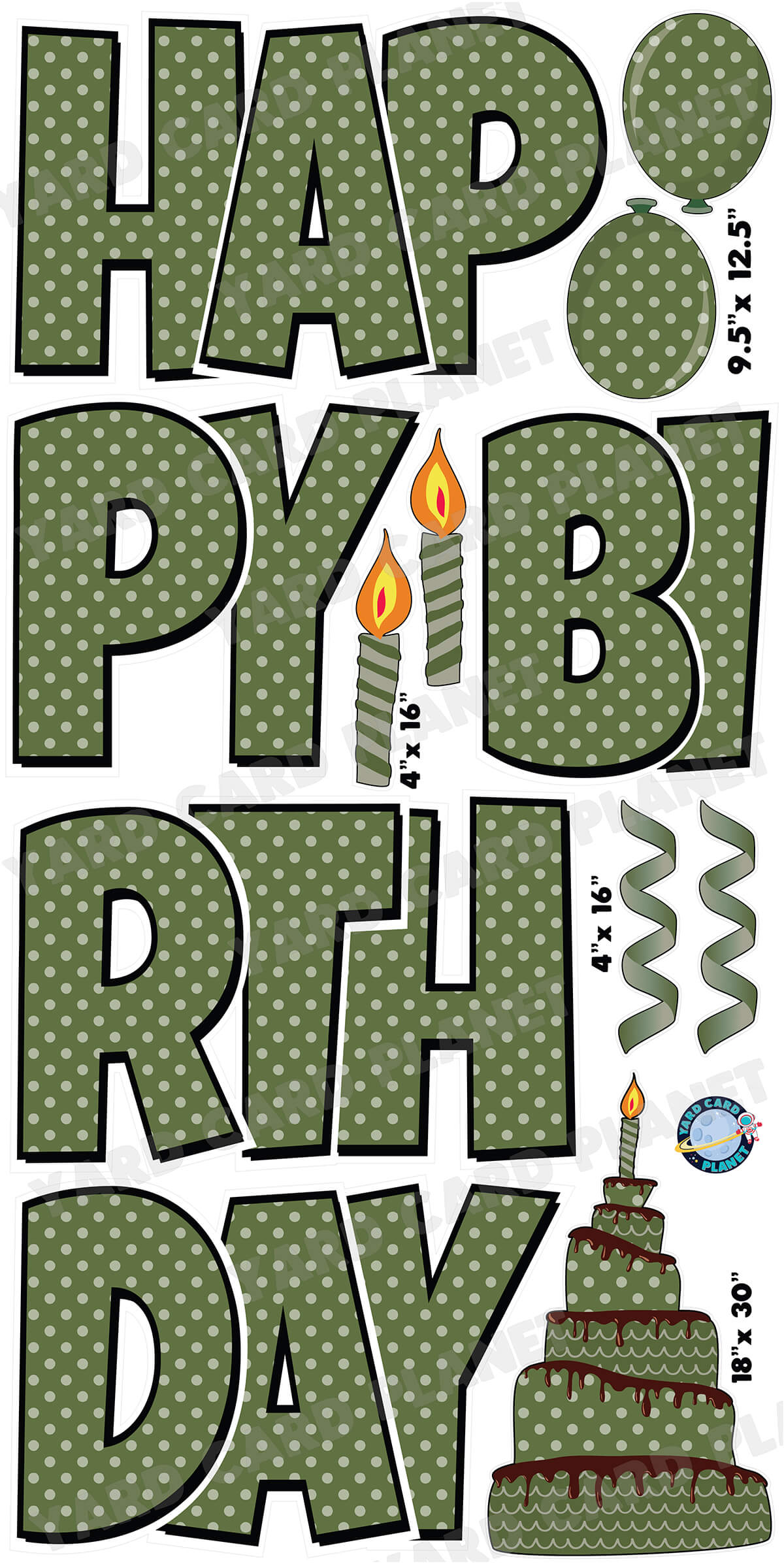 Large 23.5" Happy Birthday Yard Card EZ Quick Sets in Luckiest Guy Font and Birthday Flair in Polka Dot Pattern (Available in Multiple Colors)