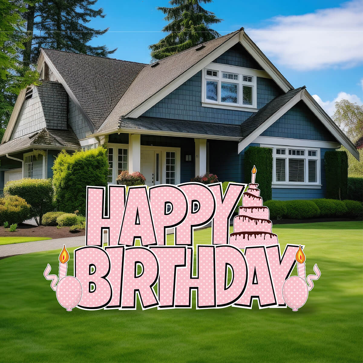 Large 23.5" Happy Birthday Yard Card EZ Quick Sets in Luckiest Guy Font and Birthday Flair in Polka Dot Pattern (Available in Multiple Colors)