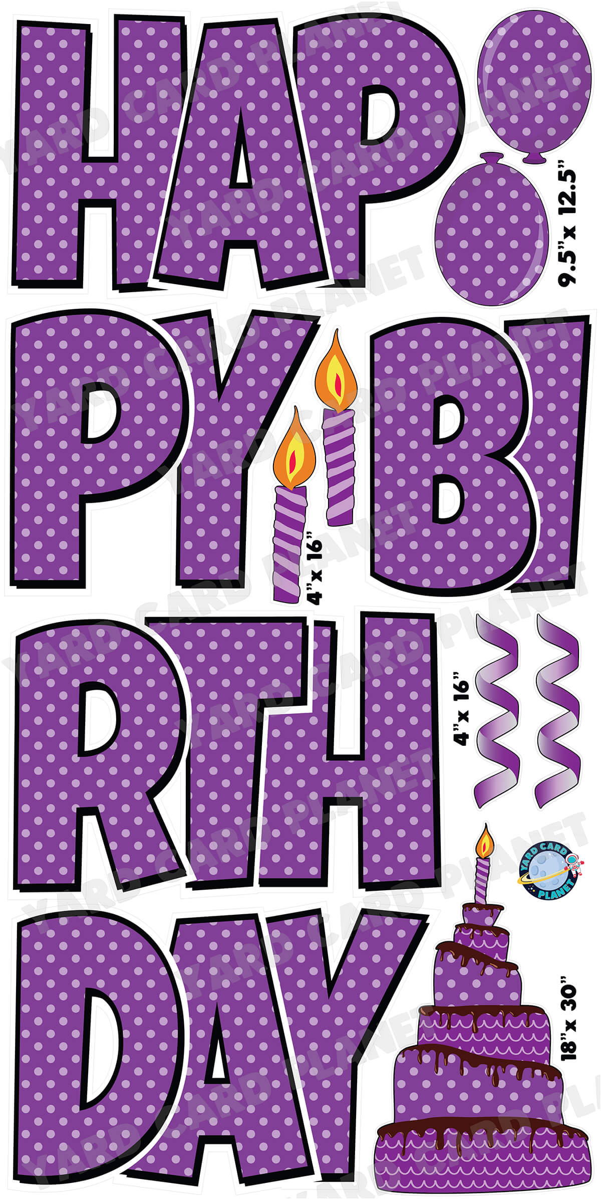 Large 23.5" Happy Birthday Yard Card EZ Quick Sets in Luckiest Guy Font and Birthday Flair in Polka Dot Pattern (Available in Multiple Colors)