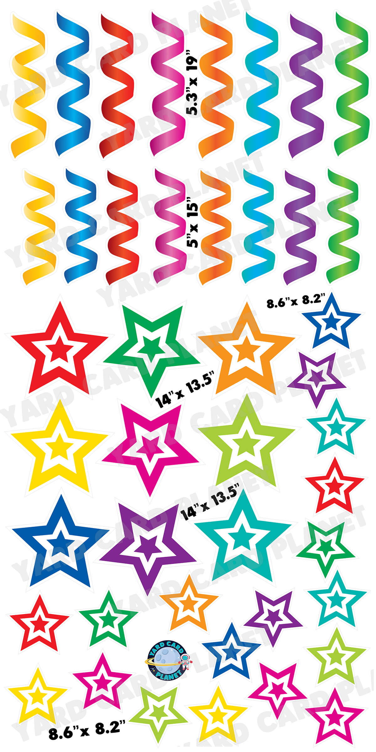 Bright Colored Double Stars and Streamers Yard Card Flair Set