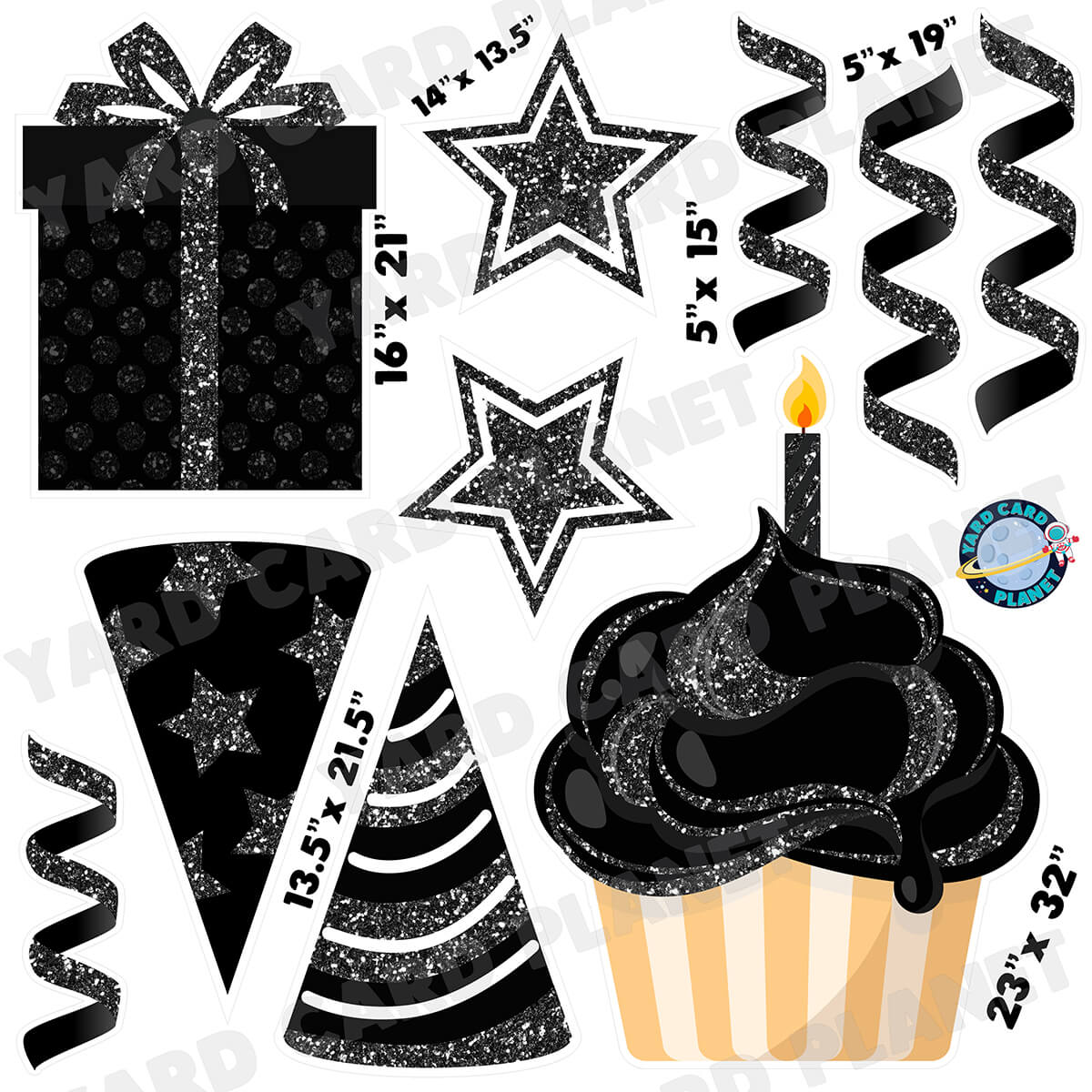 Black Glitter Birthday Elements Half Sheet Yard Card Set