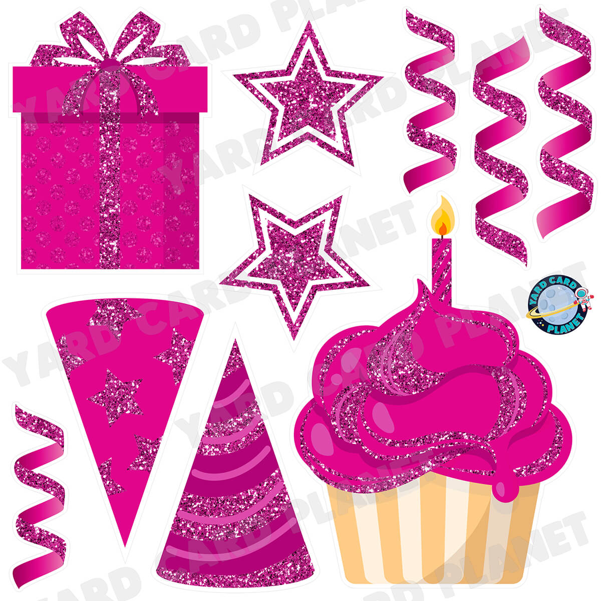 Hot Pink Glitter Birthday Elements Half Sheet Yard Card Set