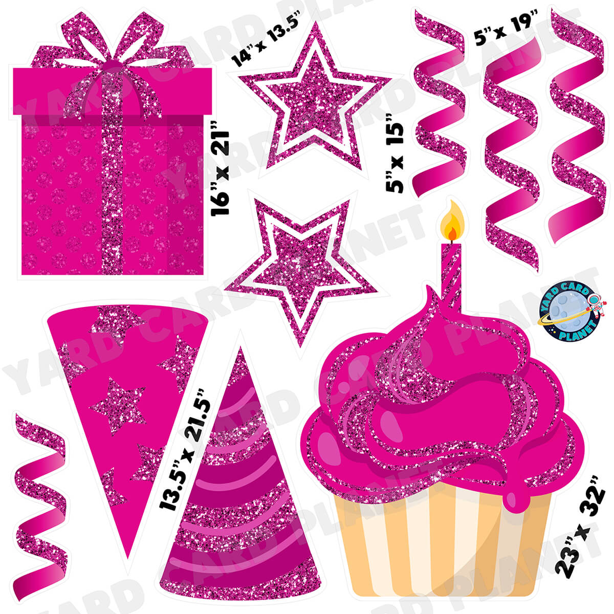 Hot Pink Glitter Birthday Elements Half Sheet Yard Card Set