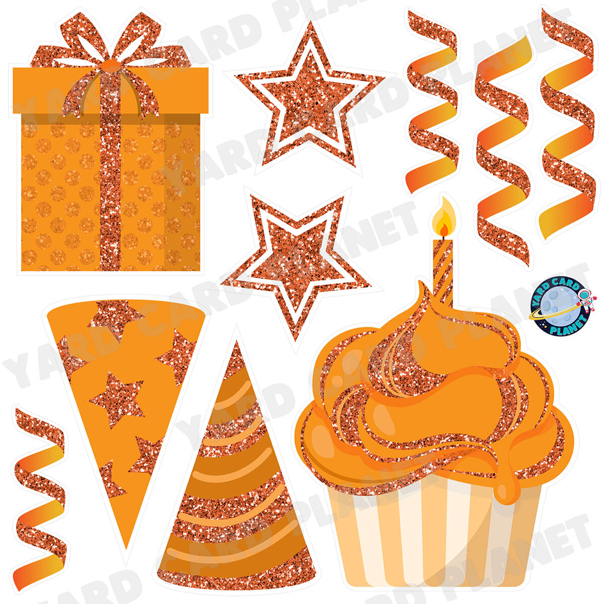 Orange Glitter Birthday Elements Half Sheet Yard Card Set