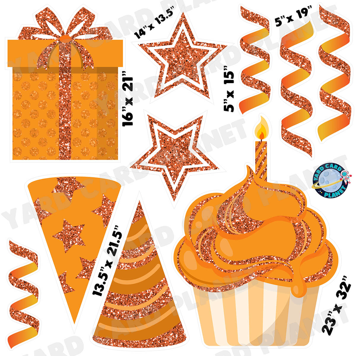 Orange Glitter Birthday Elements Half Sheet Yard Card Set