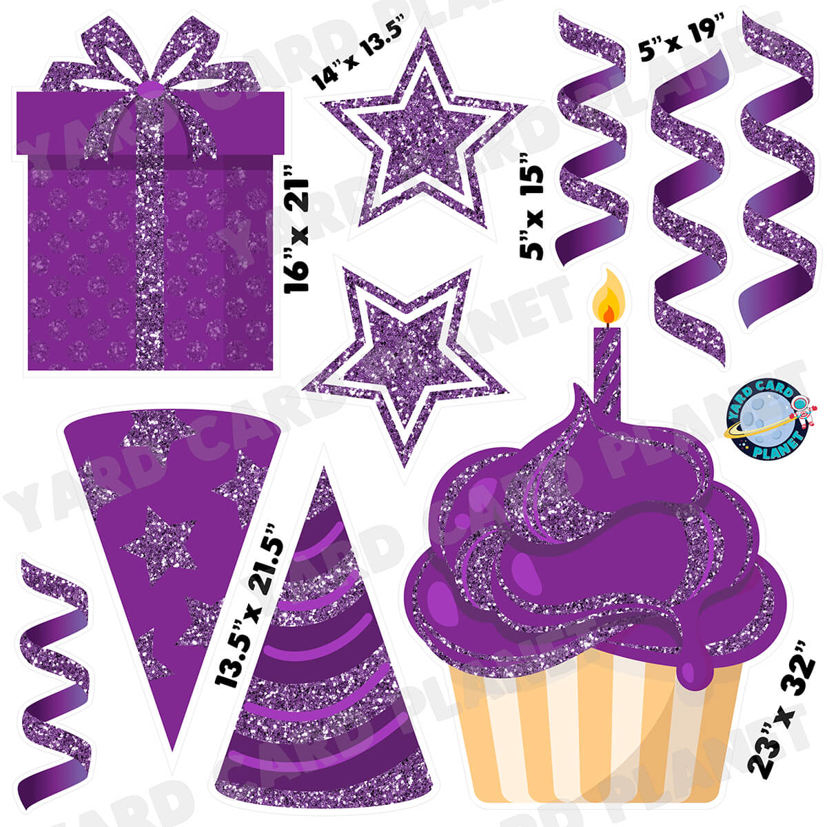 Purple Glitter Birthday Elements Half Sheet Yard Card Set