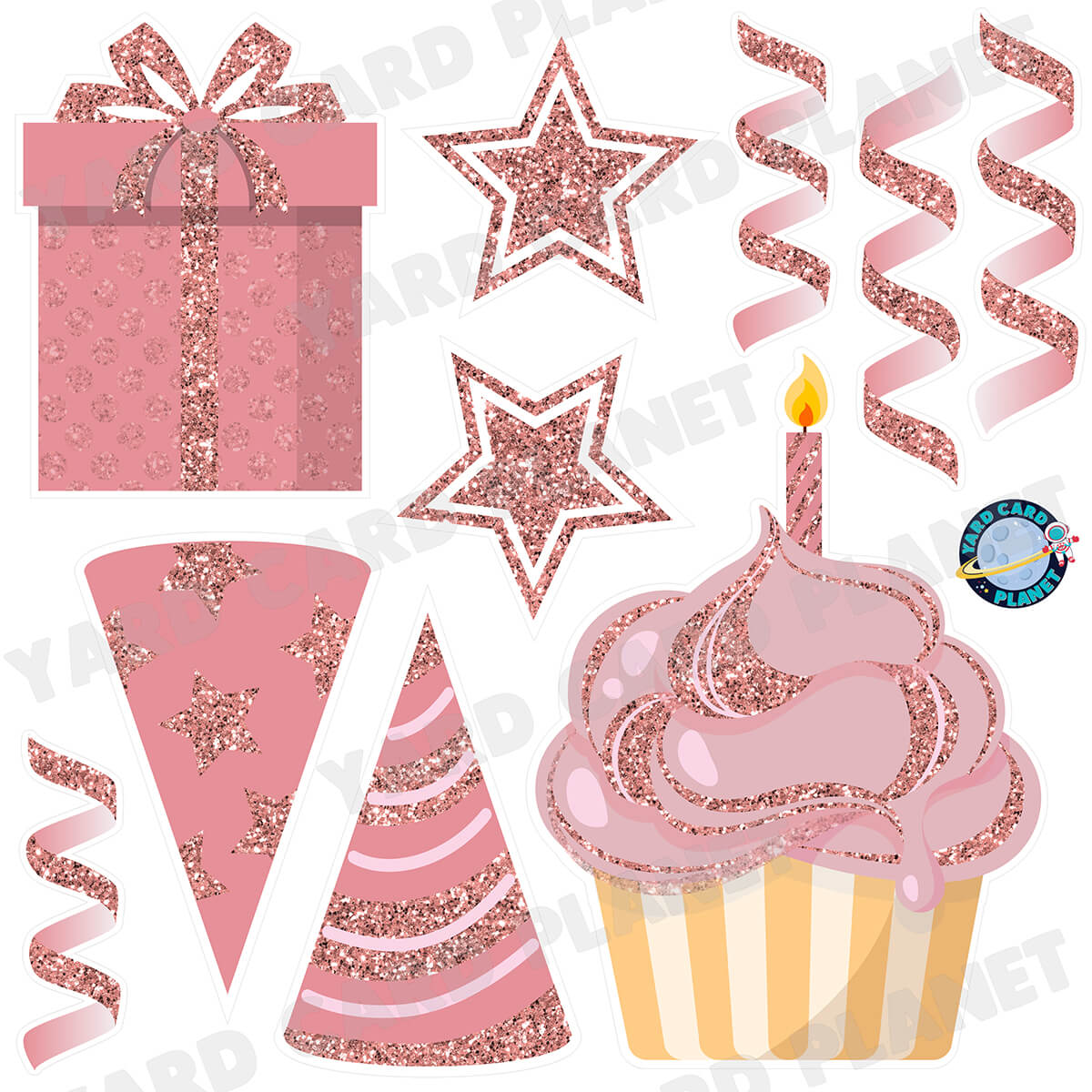 Rose Gold Glitter Birthday Elements Half Sheet Yard Card Set