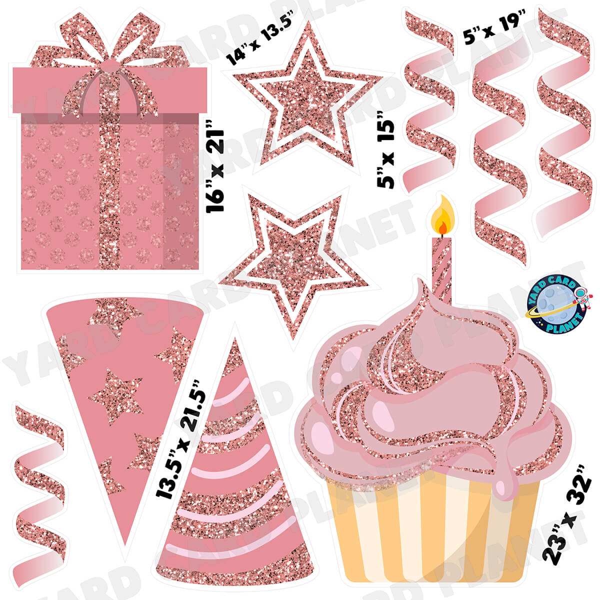 Rose Gold Glitter Birthday Elements Half Sheet Yard Card Set