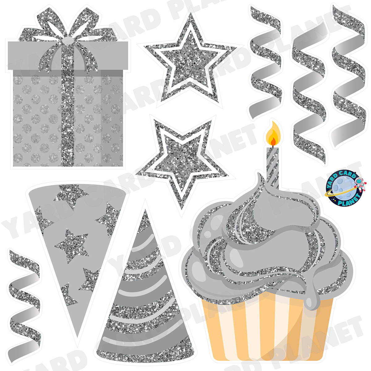 Silver Glitter Birthday Elements Half Sheet Yard Card Set