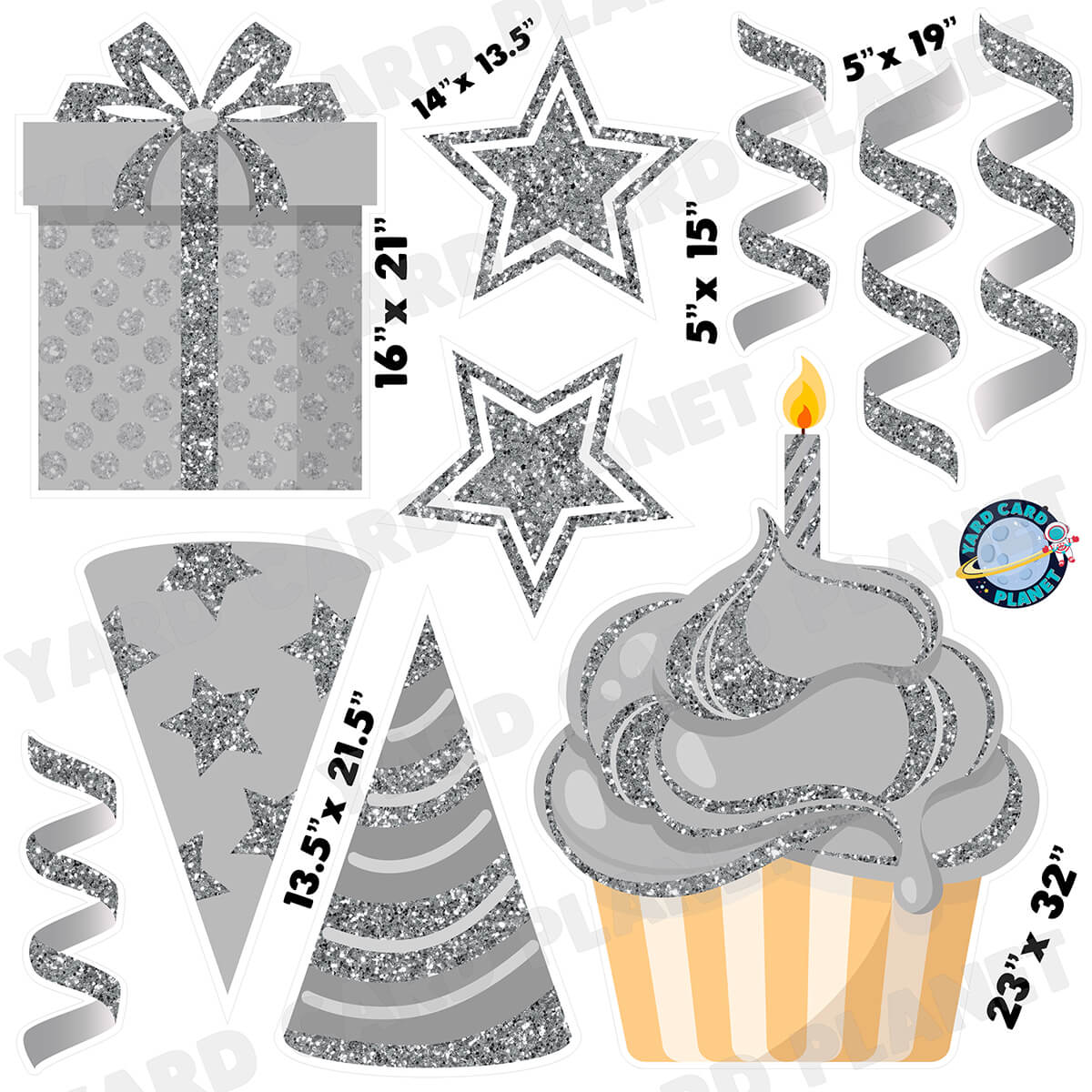 Silver Glitter Birthday Elements Half Sheet Yard Card Set