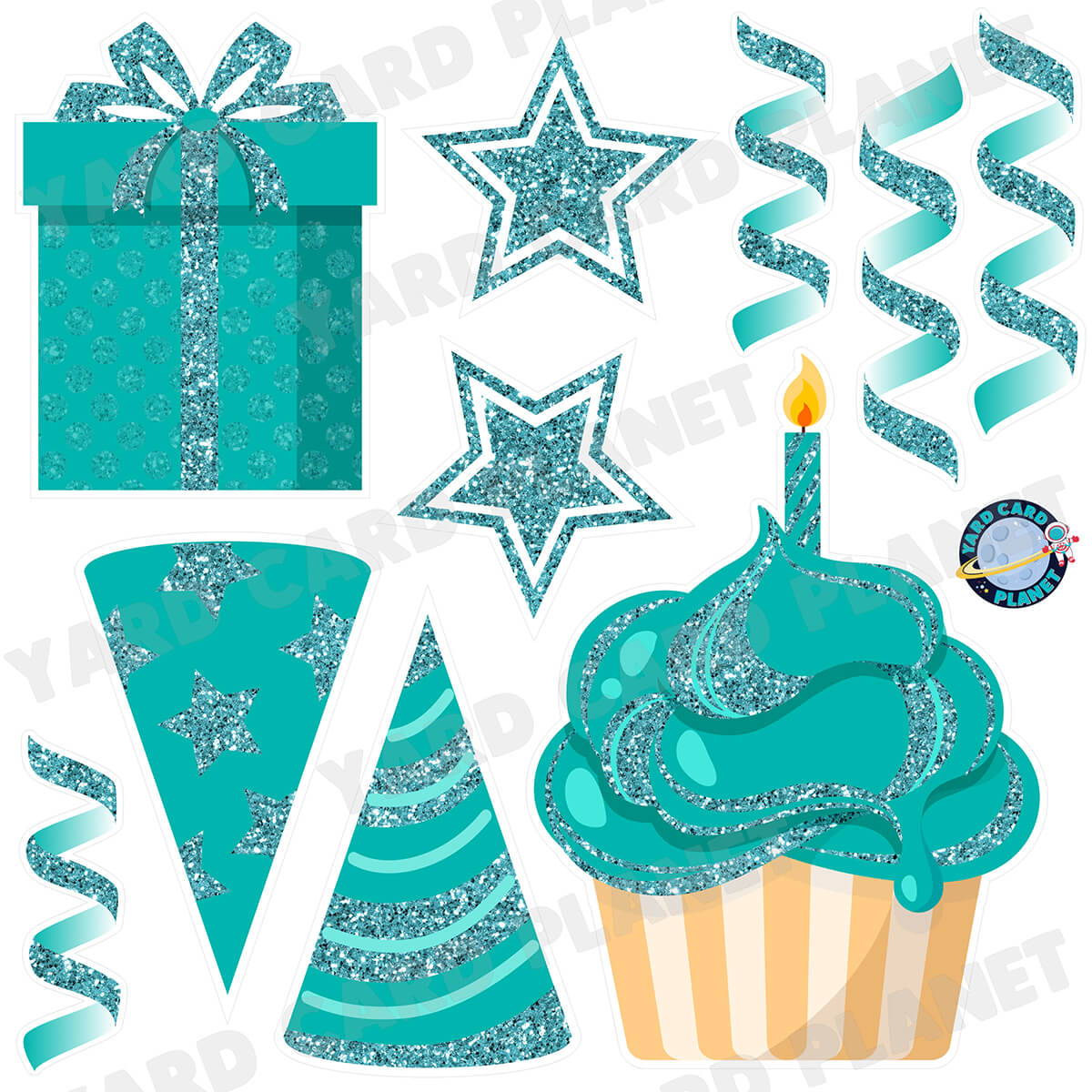 Teal Glitter Birthday Elements Half Sheet Yard Card Set