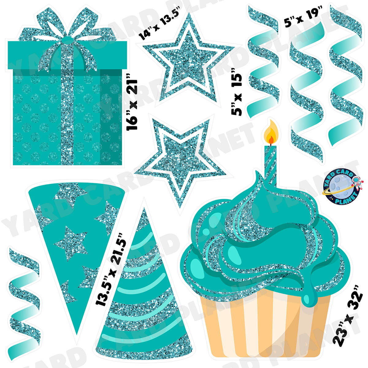 Teal Glitter Birthday Elements Half Sheet Yard Card Set