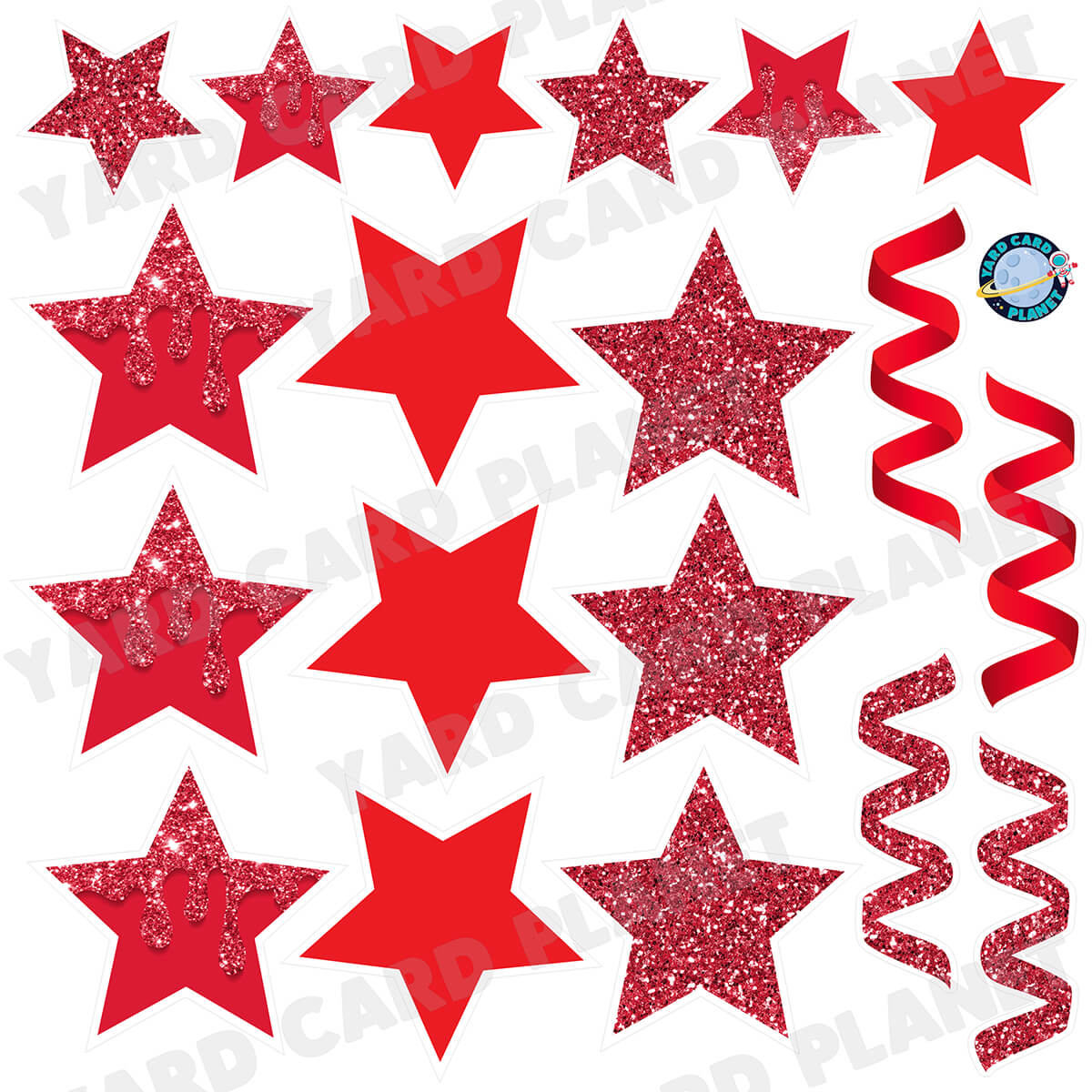 Red Glitter and Solid Stars and Streamers Half Sheet Yard Card Flair Set