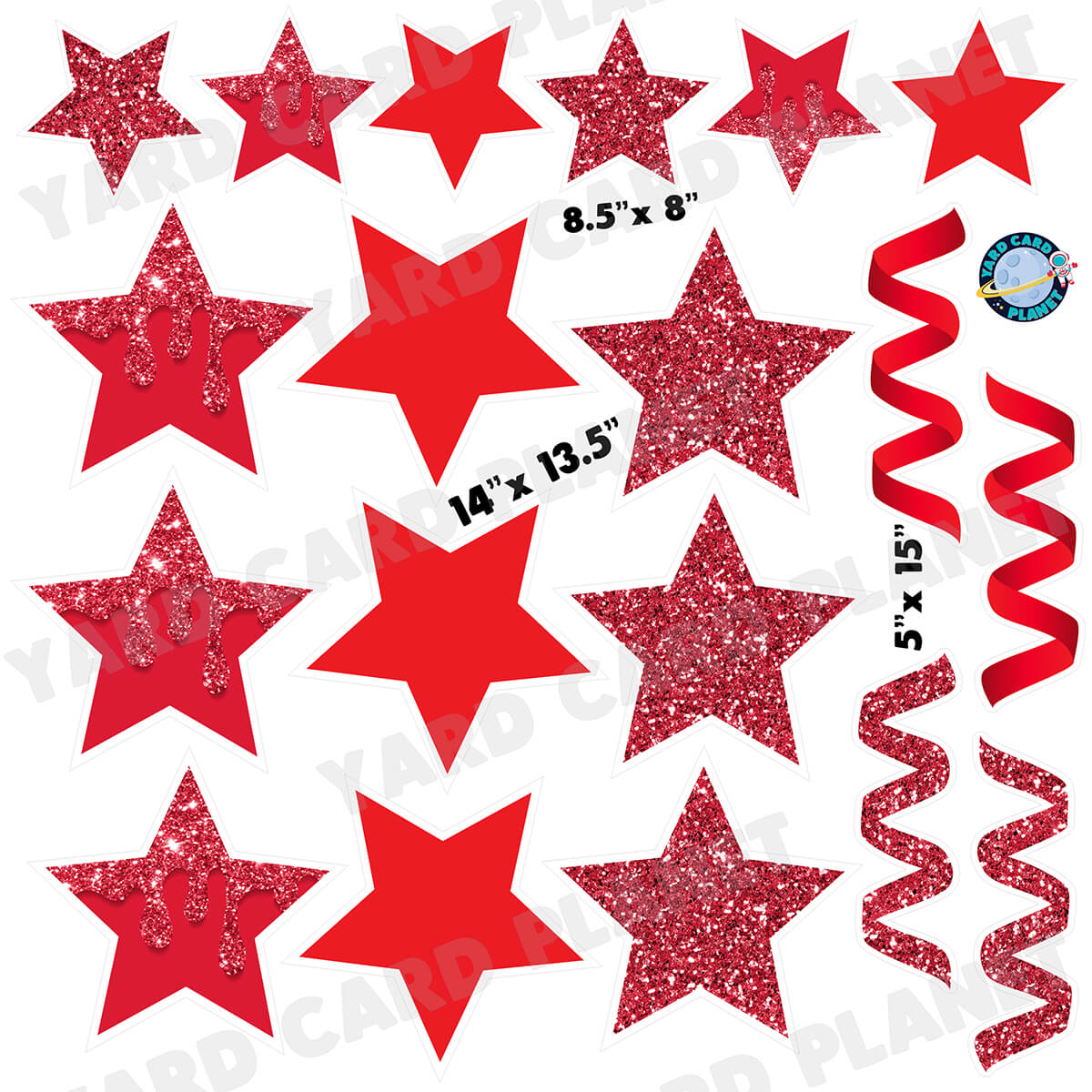 Red Glitter and Solid Stars and Streamers Half Sheet Yard Card Flair Set