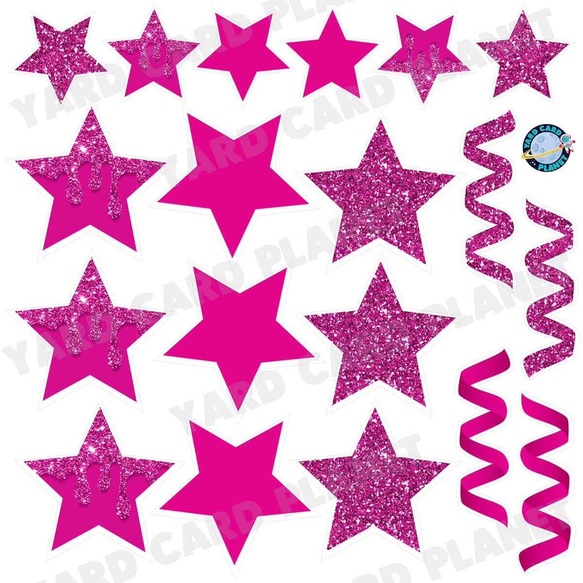 Hot Pink Glitter and Solid Stars and Streamers Half Sheet Yard Card Flair Set