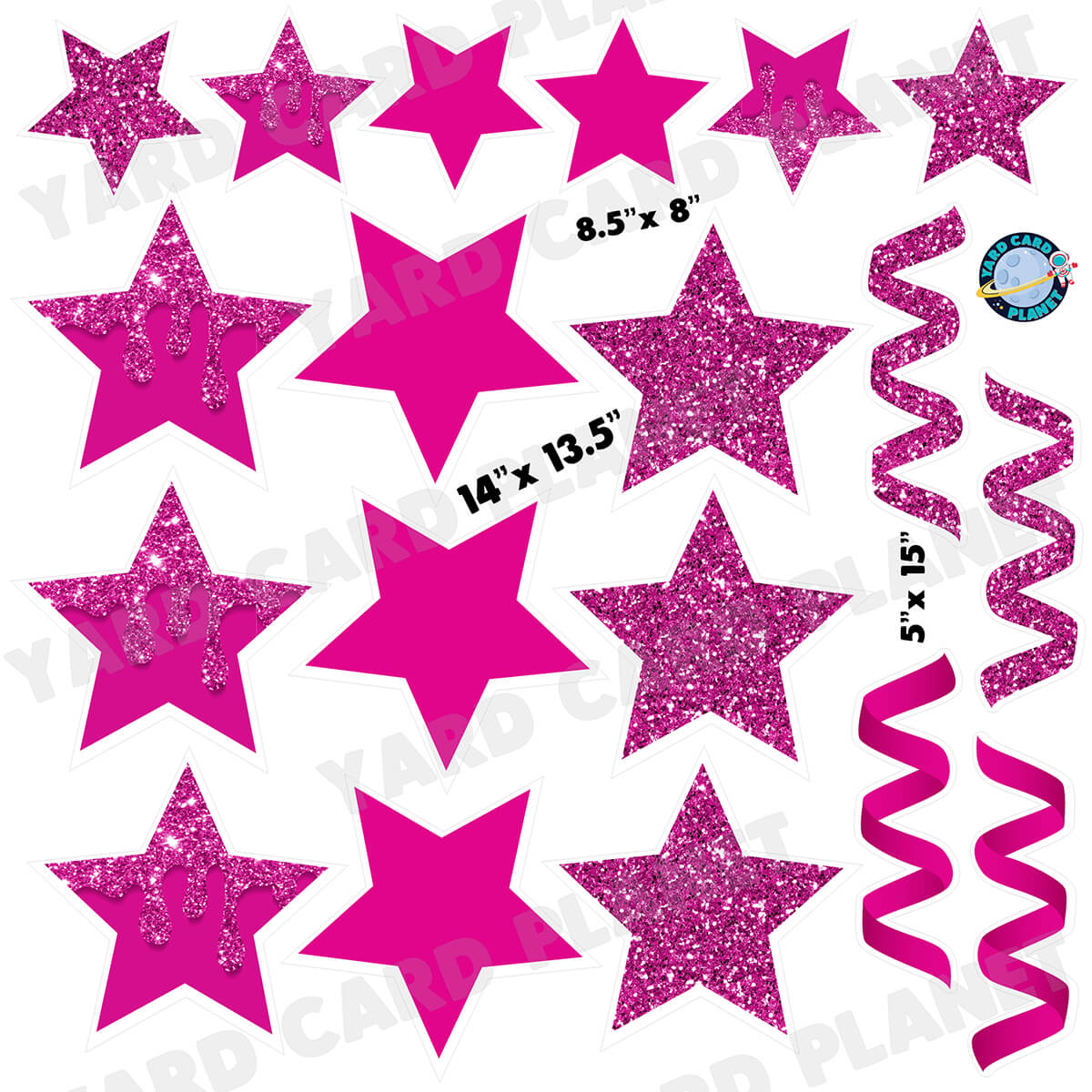 Hot Pink Glitter and Solid Stars and Streamers Half Sheet Yard Card Flair Set