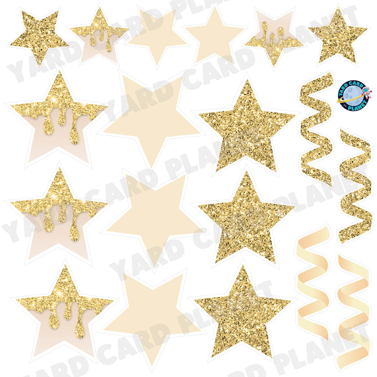 Gold Glitter and Solid Stars and Streamers Half Sheet Yard Card Flair Set