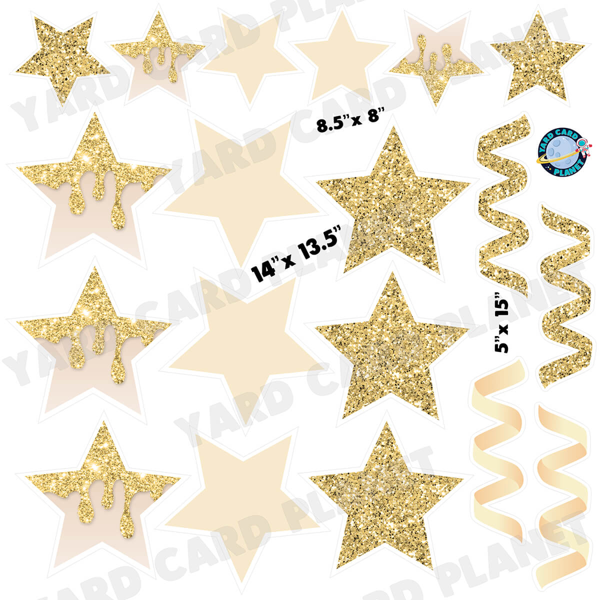 Gold Glitter and Solid Stars and Streamers Half Sheet Yard Card Flair Set