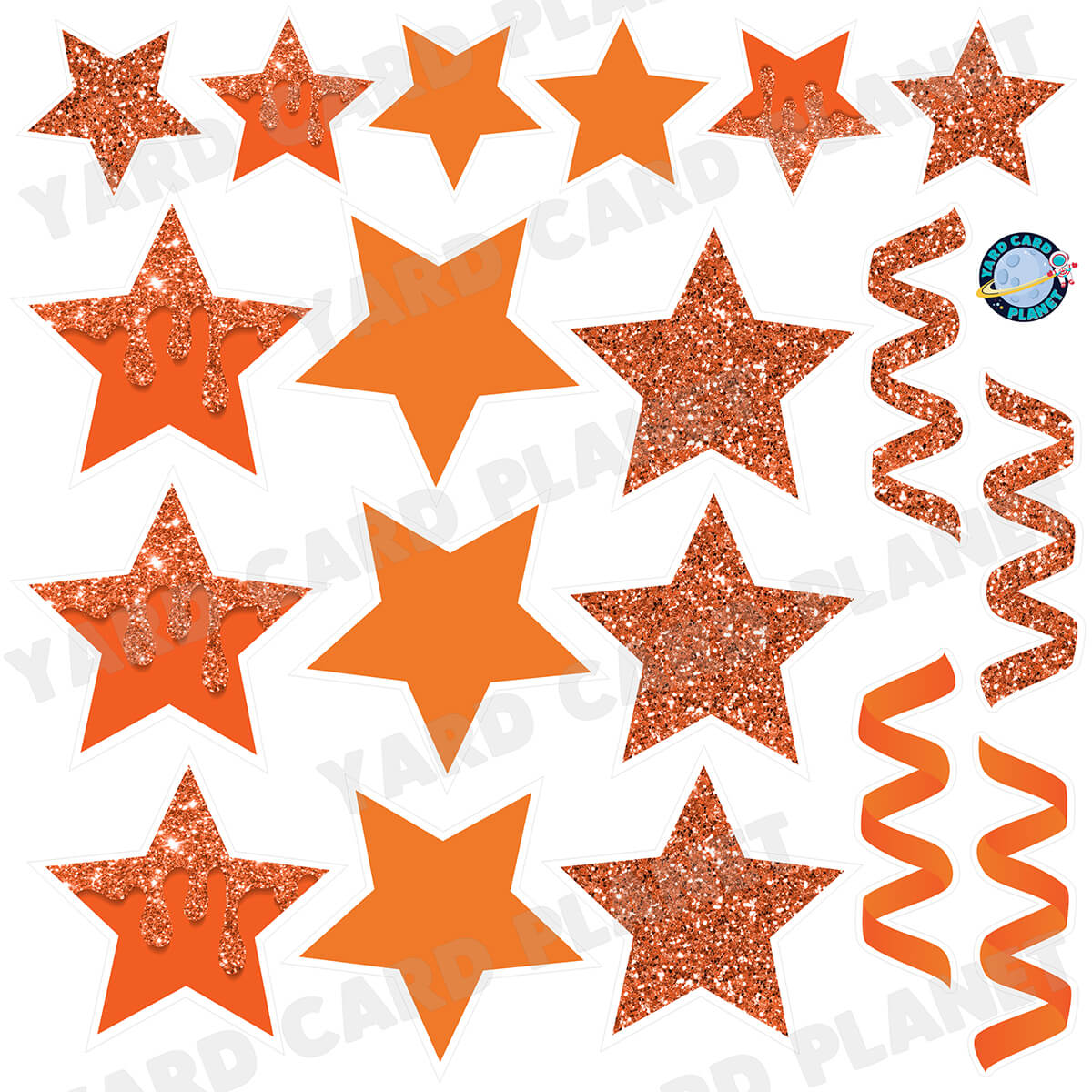 Orange Glitter and Solid Stars and Streamers Half Sheet Yard Card Flair Set