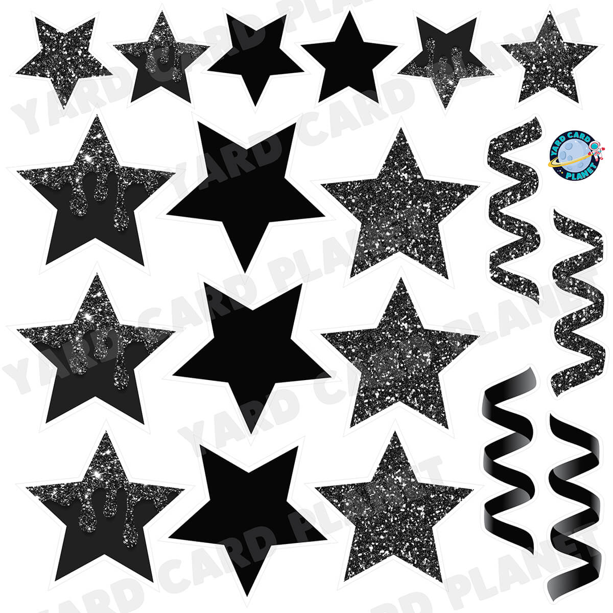 Black Glitter and Solid Stars and Streamers Half Sheet Yard Card Flair Set