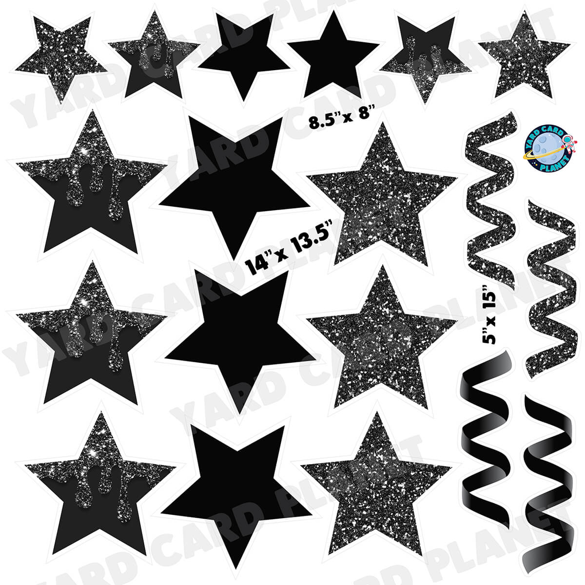 Black Glitter and Solid Stars and Streamers Half Sheet Yard Card Flair Set