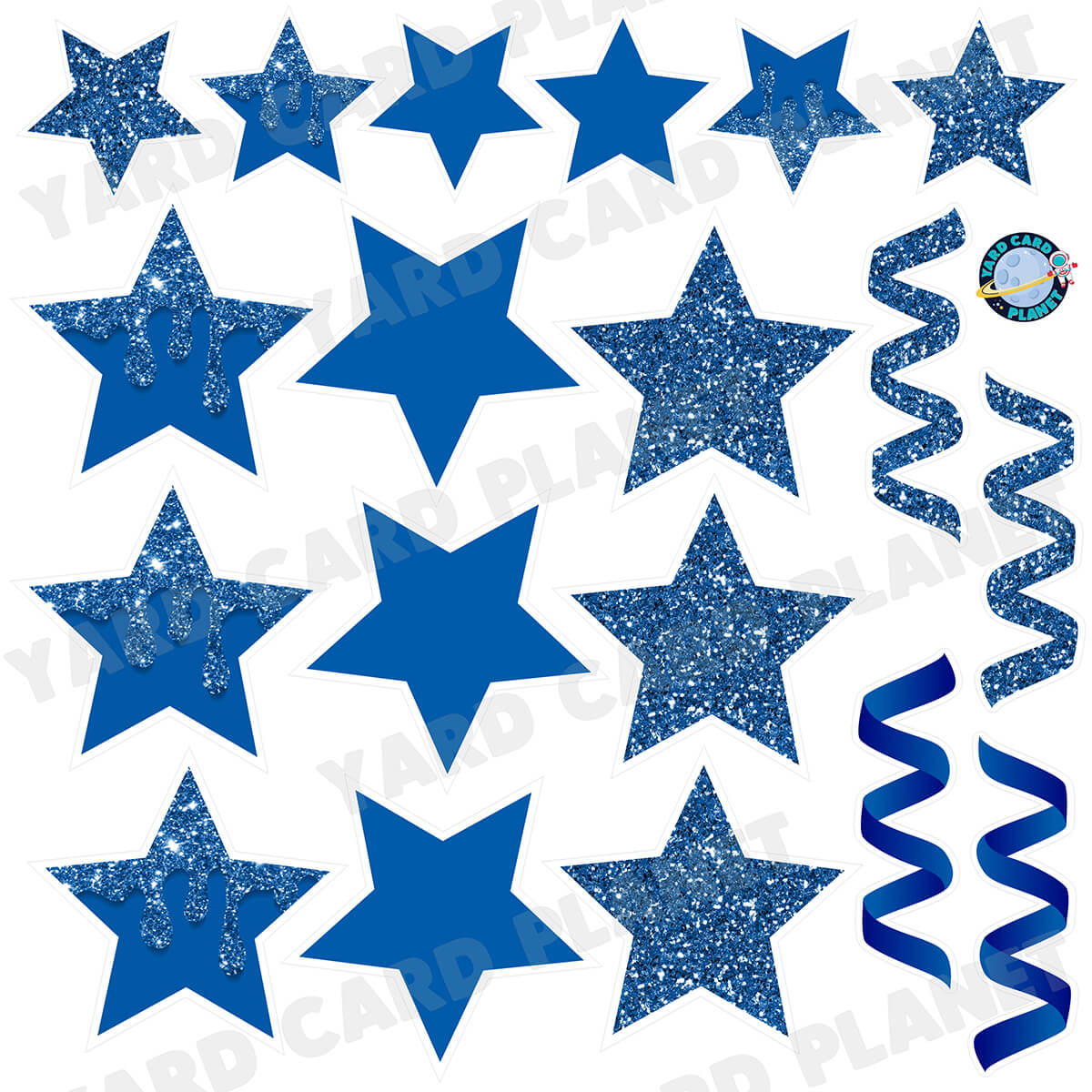 Blue Glitter and Solid Stars and Streamers Half Sheet Yard Card Flair Set