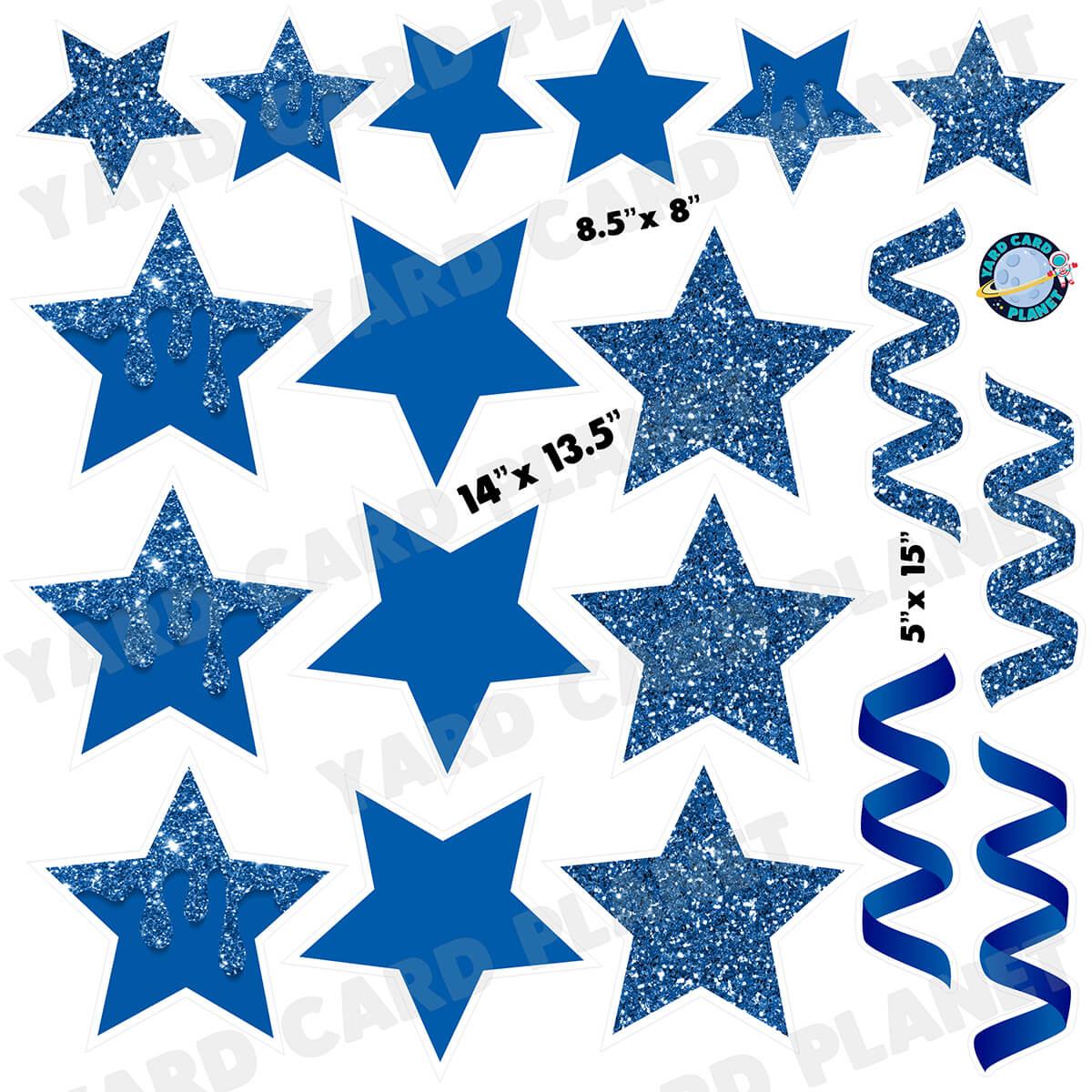 Blue Glitter and Solid Stars and Streamers Half Sheet Yard Card Flair Set