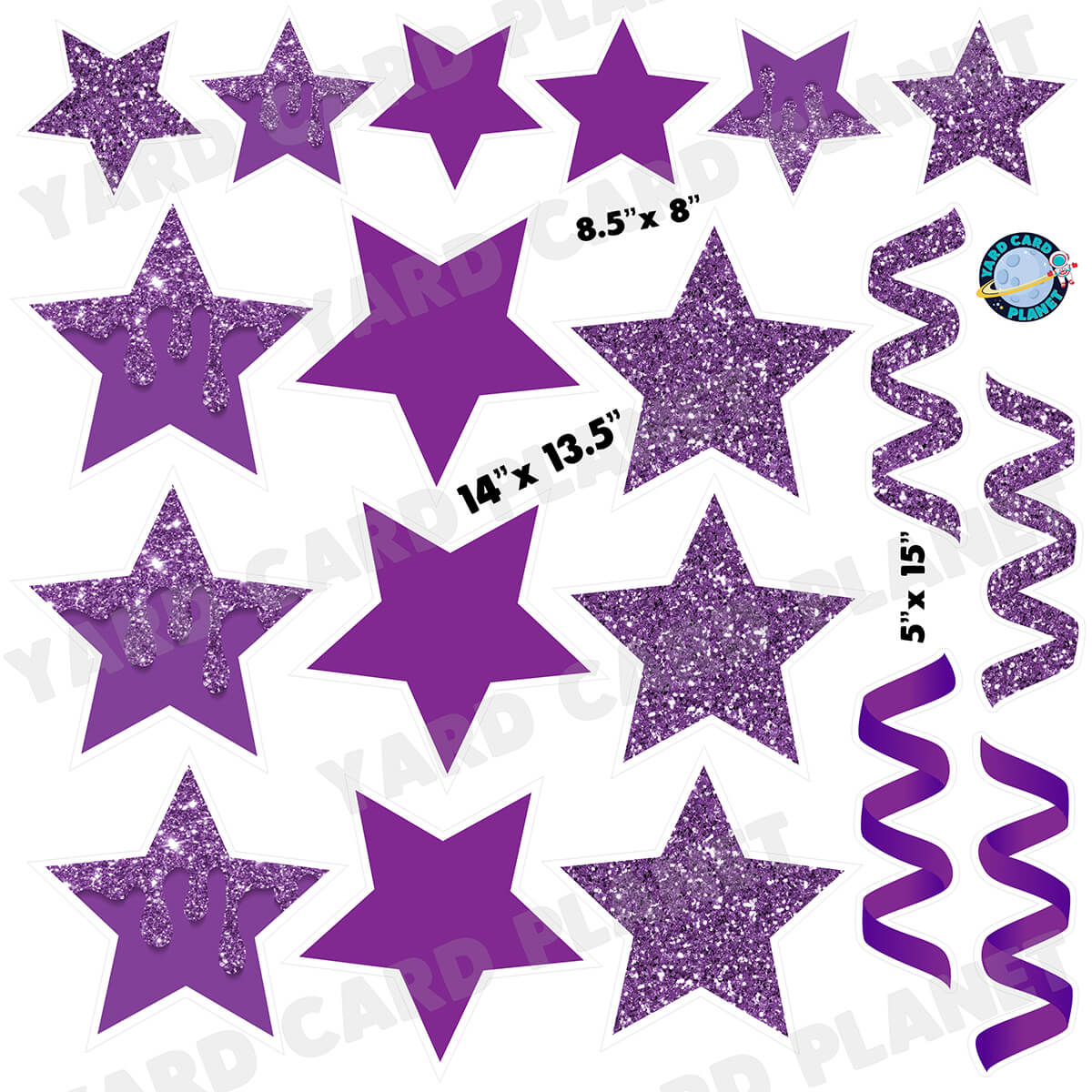 Purple Glitter and Solid Stars and Streamers Half Sheet Yard Card Flair Set