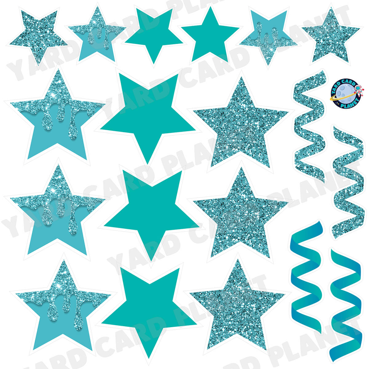 Teal Glitter and Solid Stars and Streamers Half Sheet Yard Card Flair Set