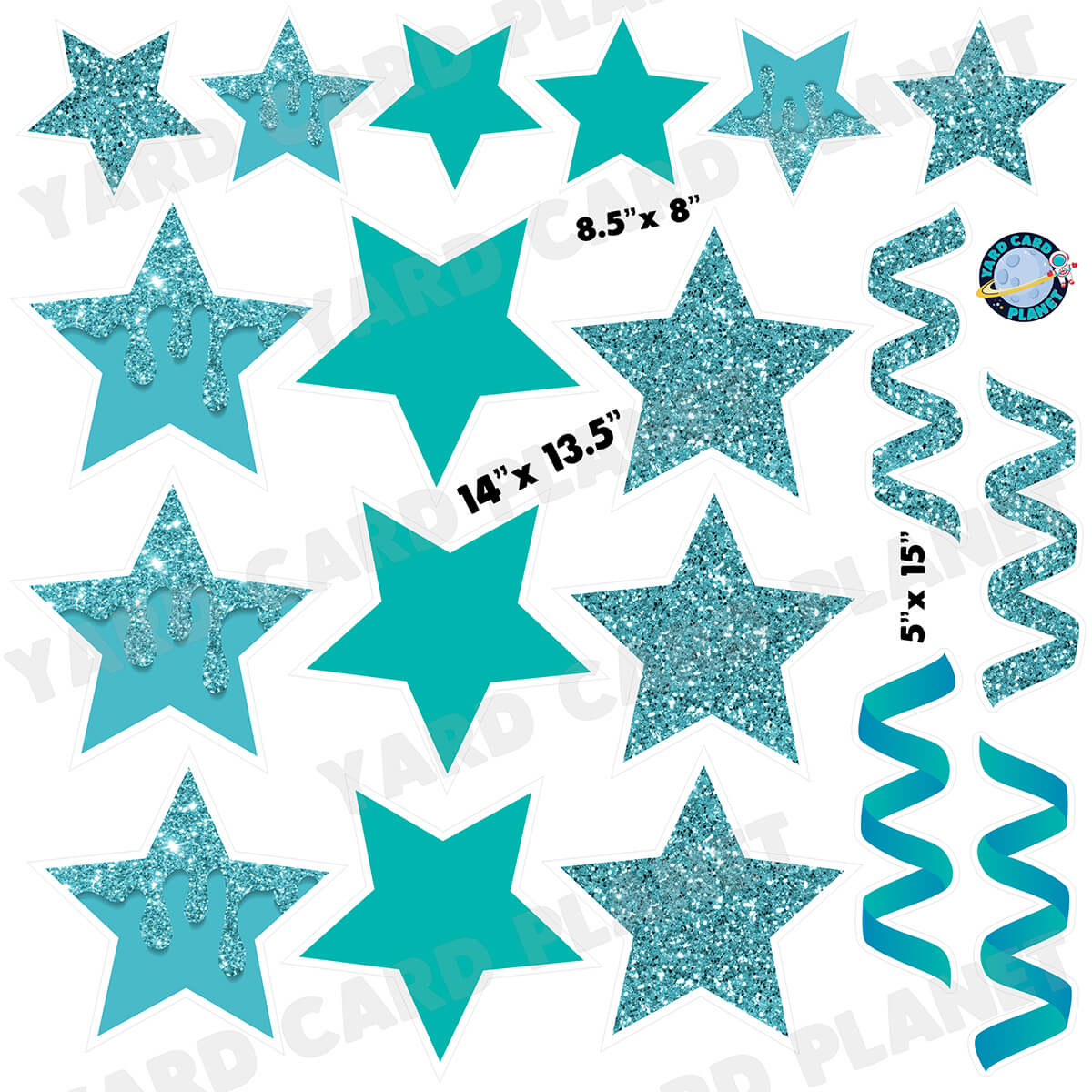 Teal Glitter and Solid Stars and Streamers Half Sheet Yard Card Flair Set