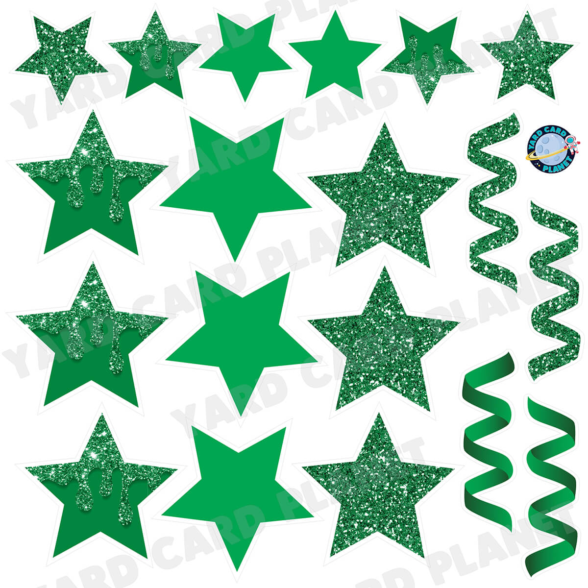 Green Glitter and Solid Stars and Streamers Half Sheet Yard Card Flair Set