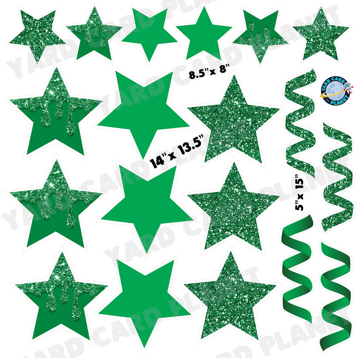 Green Glitter and Solid Stars and Streamers Half Sheet Yard Card Flair Set